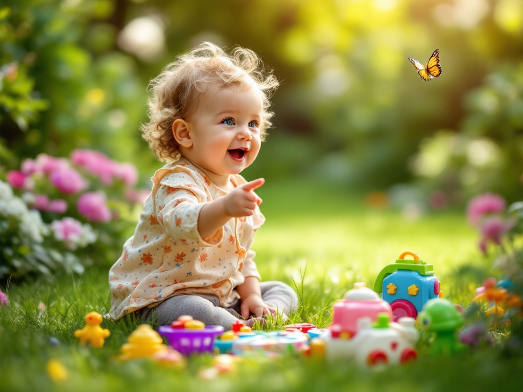 child pointing at butterfly